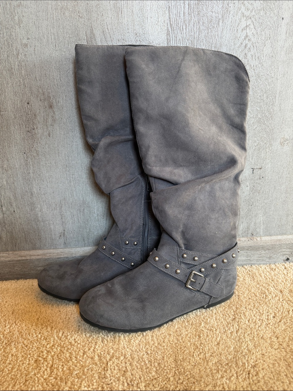 Kohl's Gray Studded Slouch Upper-Calf Heeled Boots